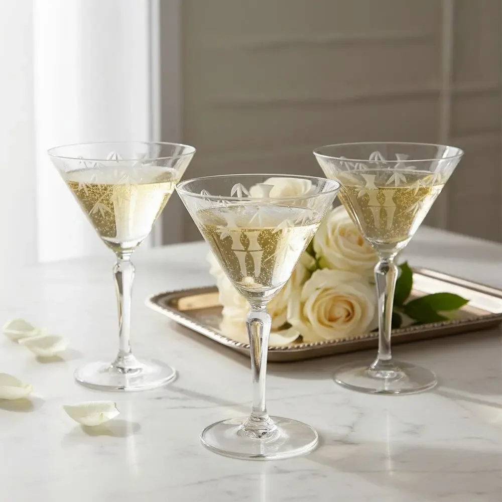 Sasaki Noritake Bamboo Etched Crystal Martini Cocktail Stemmed Glasses Set 3-MCM
